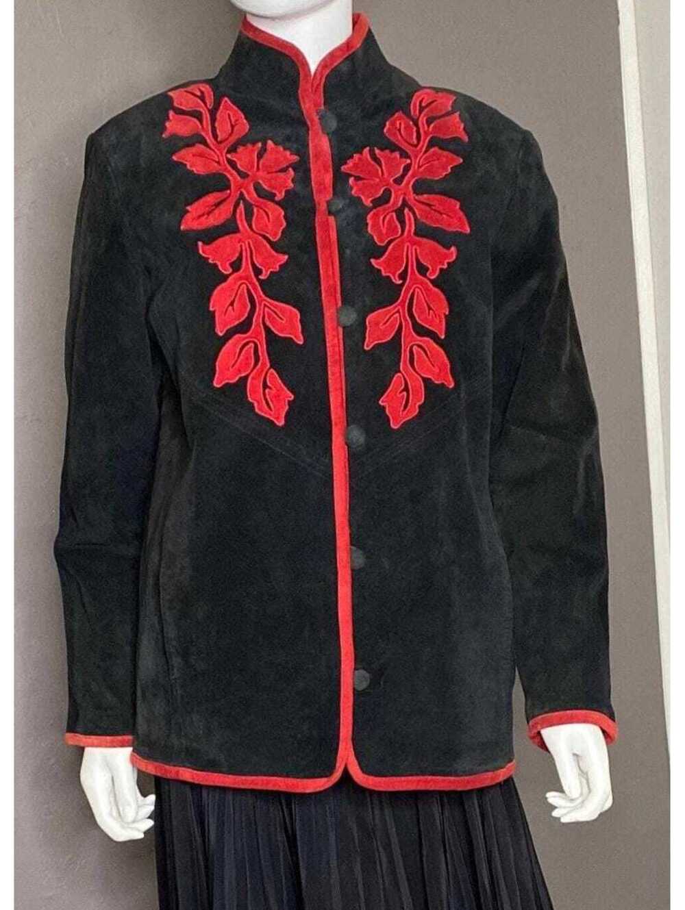 1980’s Goth Embroidered Applique Suede Jacket Black + Red Boho WhimsyGoth Coat